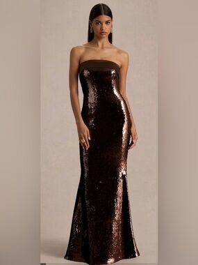 Club L London Strapless Brown Sequin Gown